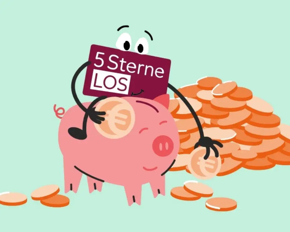 Das 5 Sterne-Los der Aktion Mensch reitet auf einem Sparschwein und sammelt Münzen ein.