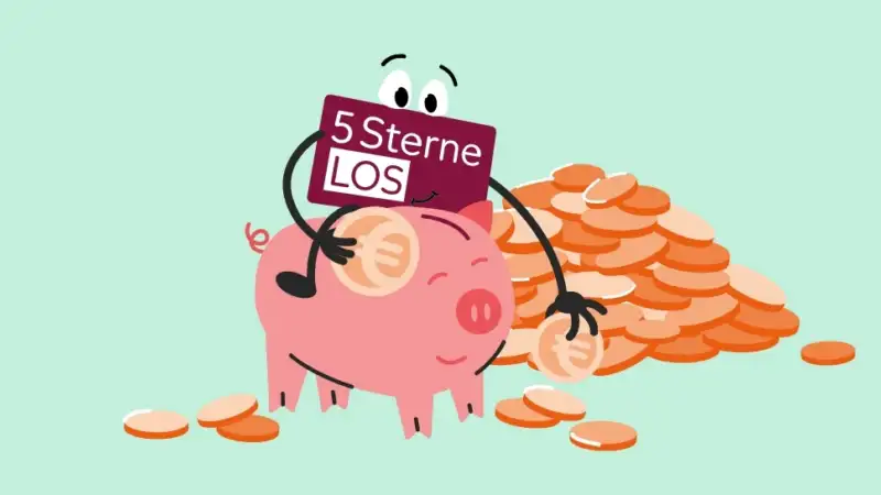 Das 5 Sterne-Los der Aktion Mensch reitet auf einem Sparschwein und sammelt Münzen ein.