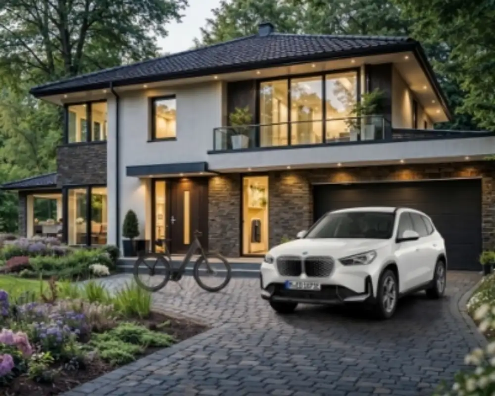 Vor einem modernen Haus parkt ein weißer BMW. Daneben steht ein E-Bike.