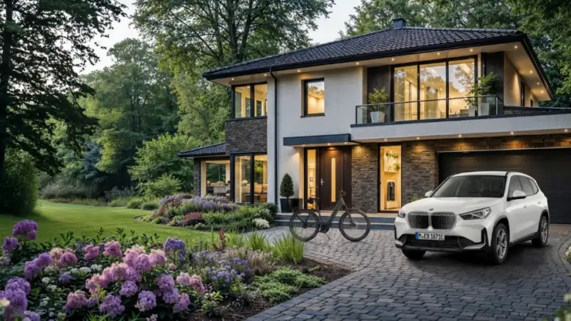 Vor einem modernen Haus parkt ein weißer BMW. Daneben steht ein E-Bike.