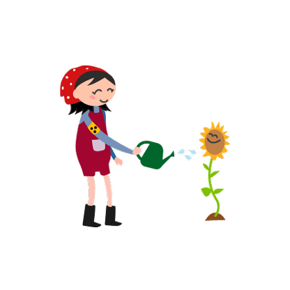 Zeichnung einer blinden Frau mit Giesskanne, die eine Sonnenblume giesst