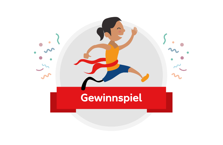 Illustration einer Läuferin über einer Banderole auf der Gewinnspiel steht. Um sie herum fliegt Konfetti