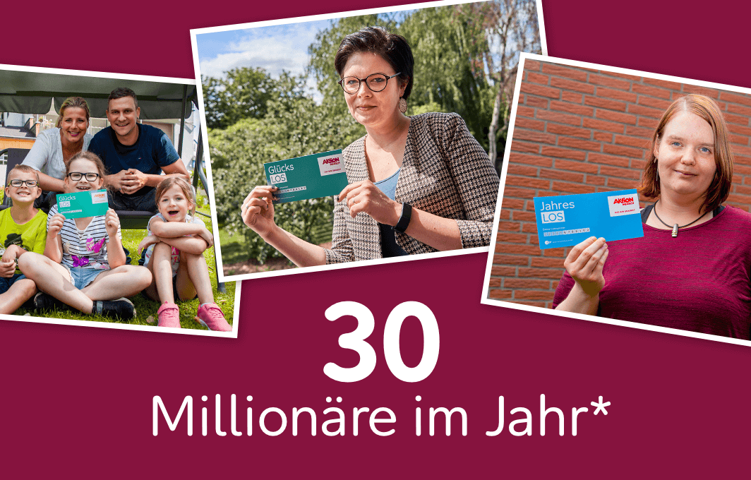 Eine Bildcollage aus Porträts verschiedener Menschen, die bereits bei der Aktion Mensch gewonnen haben.