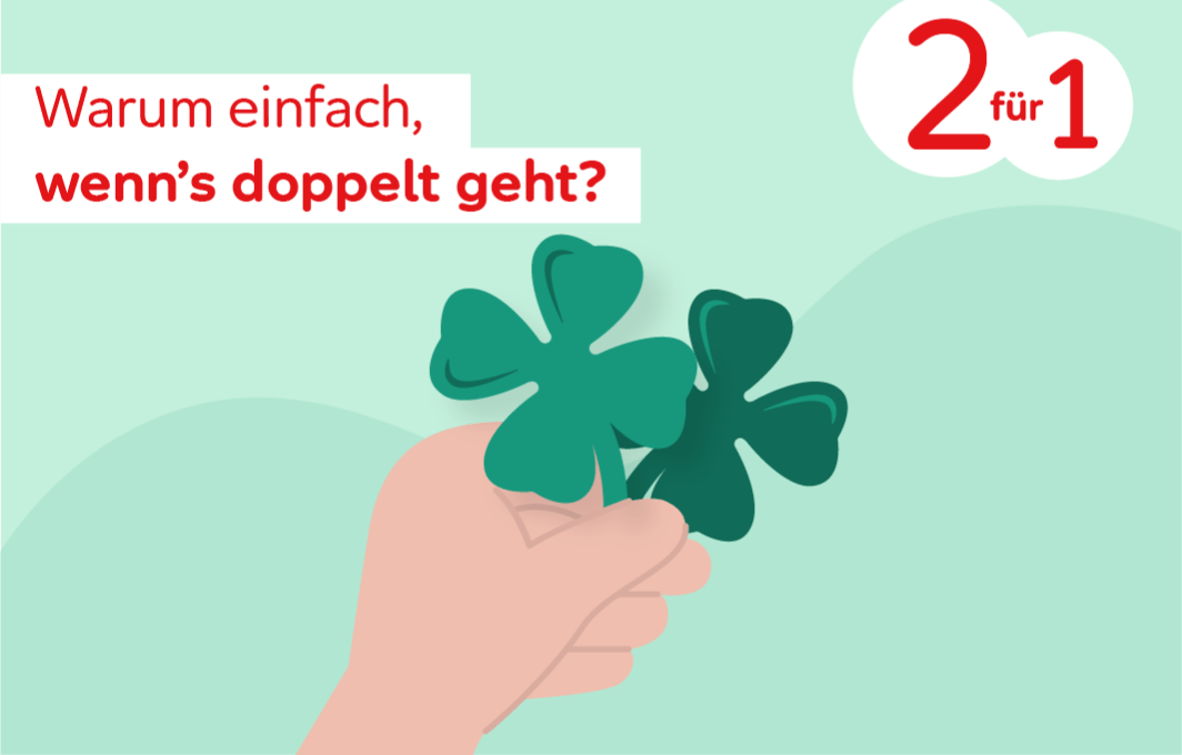 Verlinkte Illustration zum Glücks-Los: Eine Hand hält zwei Kleeblätter. Link führt zur Bestellseite des Glücks-Loses.