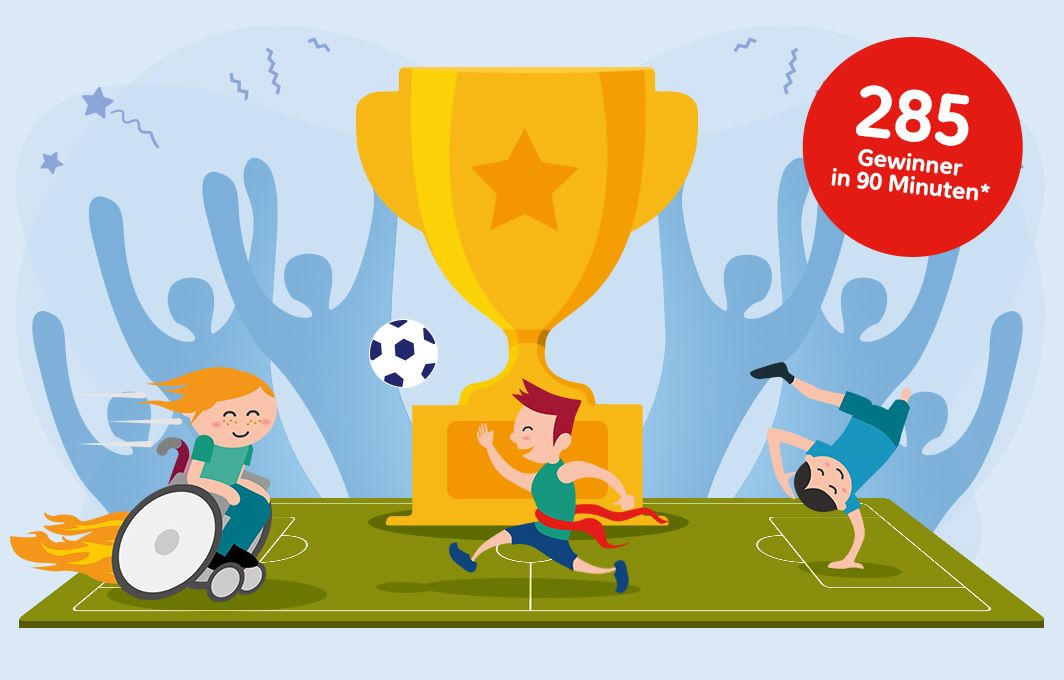 Ein Fußballfeld mit einem großen Pokal macht auf das heutige EM-Finale aufmerksam.