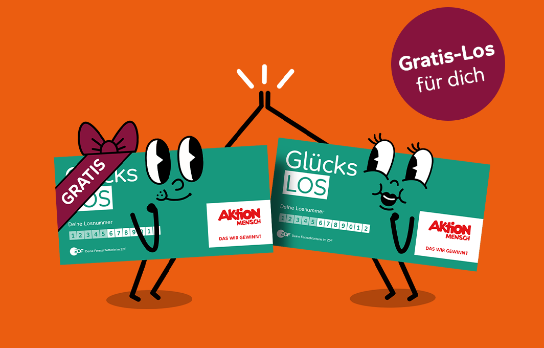 Zwei Glücks-Los mit Gesicht, Armen und Beinen klatschen ein. Ein Gücks-Los hat eine Schleife um, auf der "Gratis" zu lesen ist.