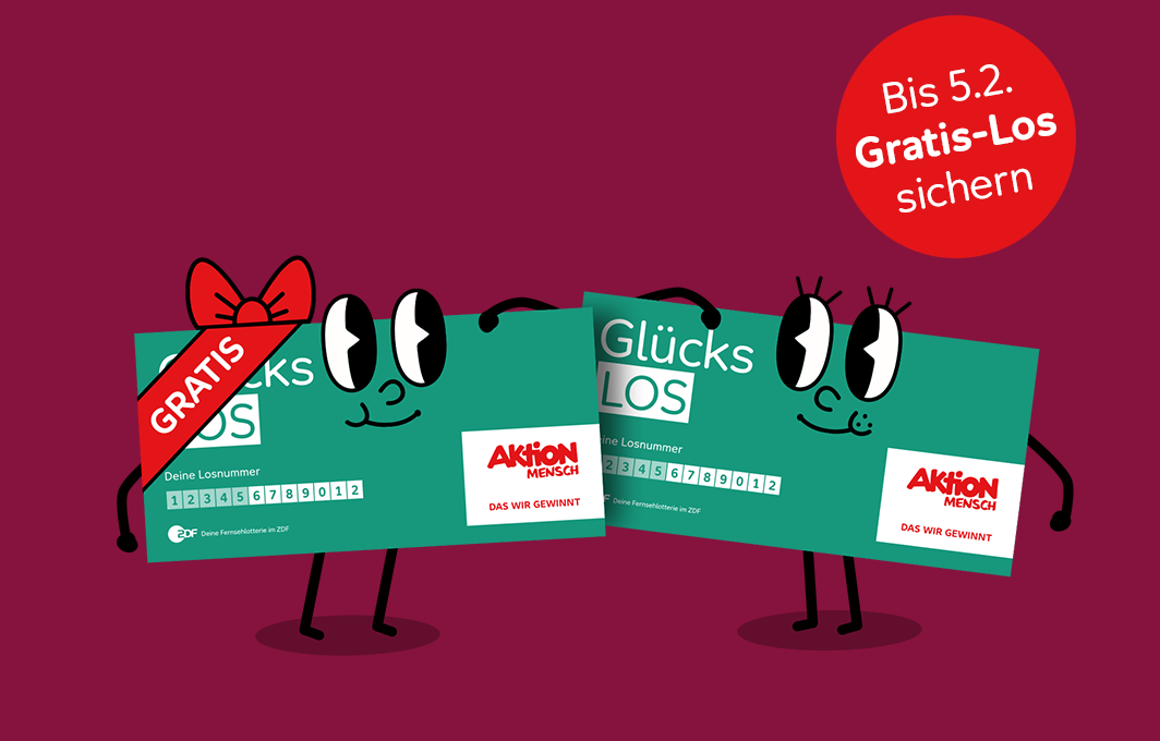 Zwei Glücks-Los mit Gesicht, Armen und Beinen umarmen sich.