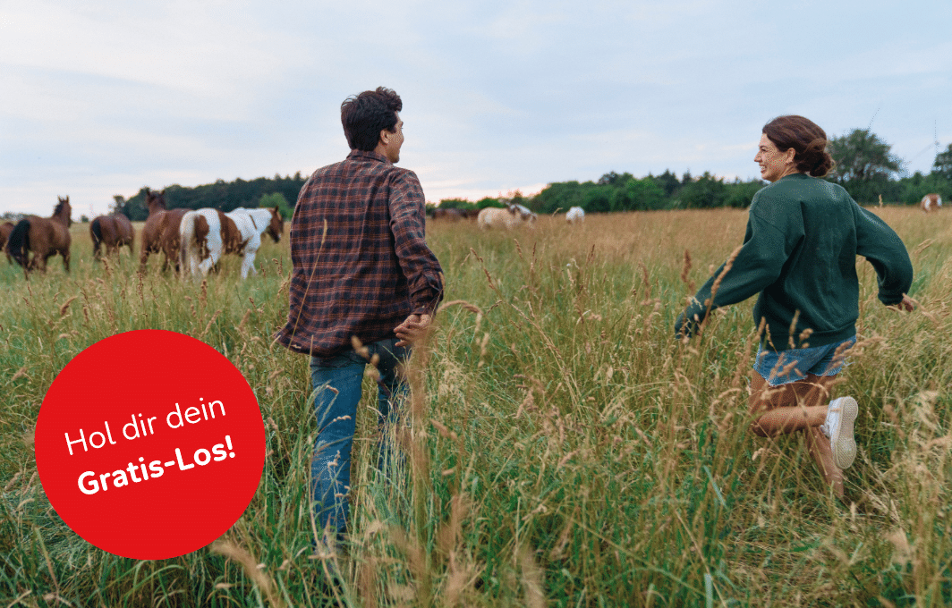 Zwei Geschwister rennen über ein Feld, auf dem Pferde stehen.
