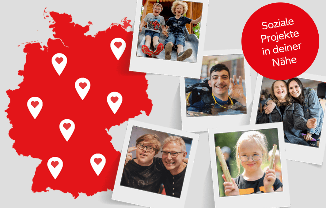 Eine Deutschlandkarte mit verschiedenen Bildern aus sozialen Projekten, die die Aktion Mensch fördert