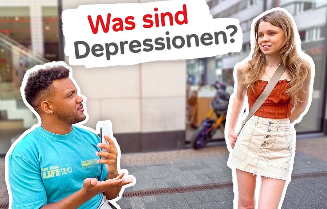 Leeroy befragt eine junge Frau auf der Straße. Daneben sind Porträtbilder von Leeroy und Chrissy abgebildet.