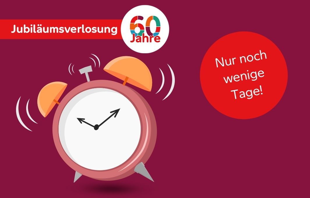 Ein Wecker, der klingelt und darauf aufmerksam macht, dass man nur noch wenige Tage an der Jubiläumsverlosung teilnehmen kann.