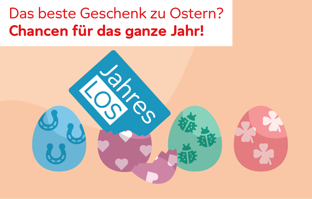 Vier bunte Ostereier mit Glückssymbolen stehen in einer Reihe. Aus dem zweiten "schlüpft" ein Jahreslos der Aktion Mensch.