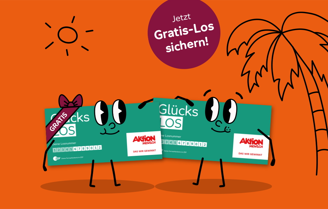 Zwei Glücks-Lose in menschlicher Gestalt stehen unter Palmen und die Sonne scheint.