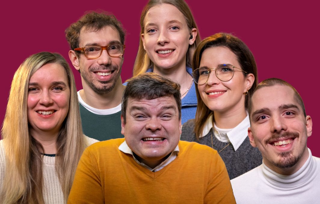 Porträt-Collage von 6 Männern und Frauen mit und ohne sichtbarer Behinderung. Alle lachen in die Kamera.