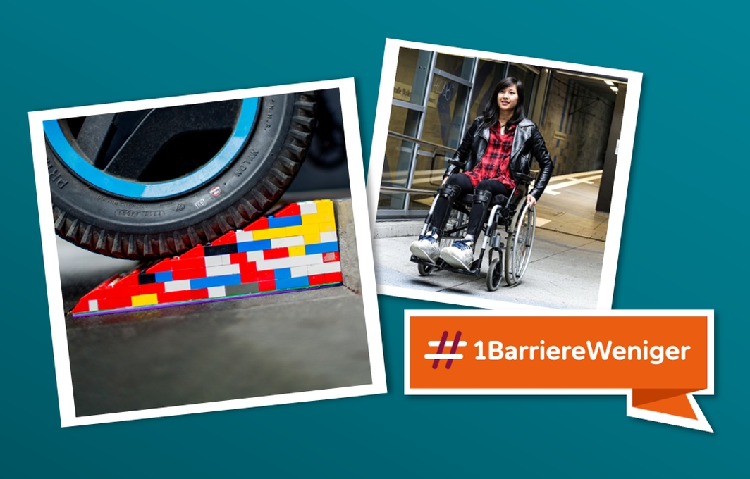 Zwei Fotos: Eines zeigt ein Rad im Anschnitt, das gerade über eine Legorampe rollt. Das zweite Bild zeigt eine junge Frau im Rollstuhl. Darunter liegt ein Banner mit der Aufschrift: #1BarriereWeniger.