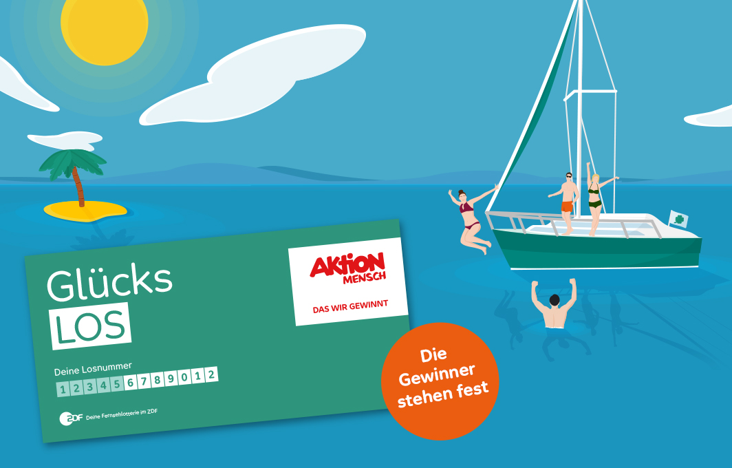 Illustration einer Insel und einem Schiff mitten im Meer. Es sind Menschen im Wasser, die vor Freude, die Arme nach oben strecken. Im Vordergrund ist ein Glücks-Los abgebildet und ein Störer mit dem Hinweis: Die Gewinner stehen fest