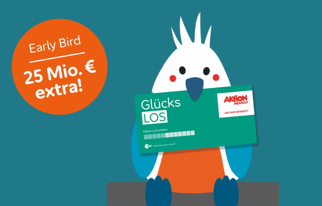 Illustration eines Vogels, der ein Glücks-Los im Schnabel hält. Daneben ein Button mit der Aufschrift: Eary Bird. 25 Mio. Euro extra!