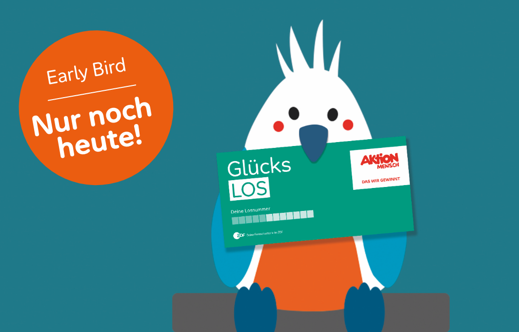 Illustration eines Vogels, der ein Glücks-Los im Schnabel hält. Daneben ein Button mit der Aufschrift: Early Bird. Nur noch heute!