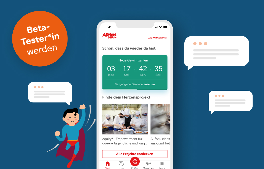 Ein Smartphone auf blauem Grund, auf dem die Aktion Mensch-App geöffnet ist. Daneben einige Sprechblasen, ein einbeindiger Superman-Inklumoji und der Aufruf: Beta-Tester*in werden.