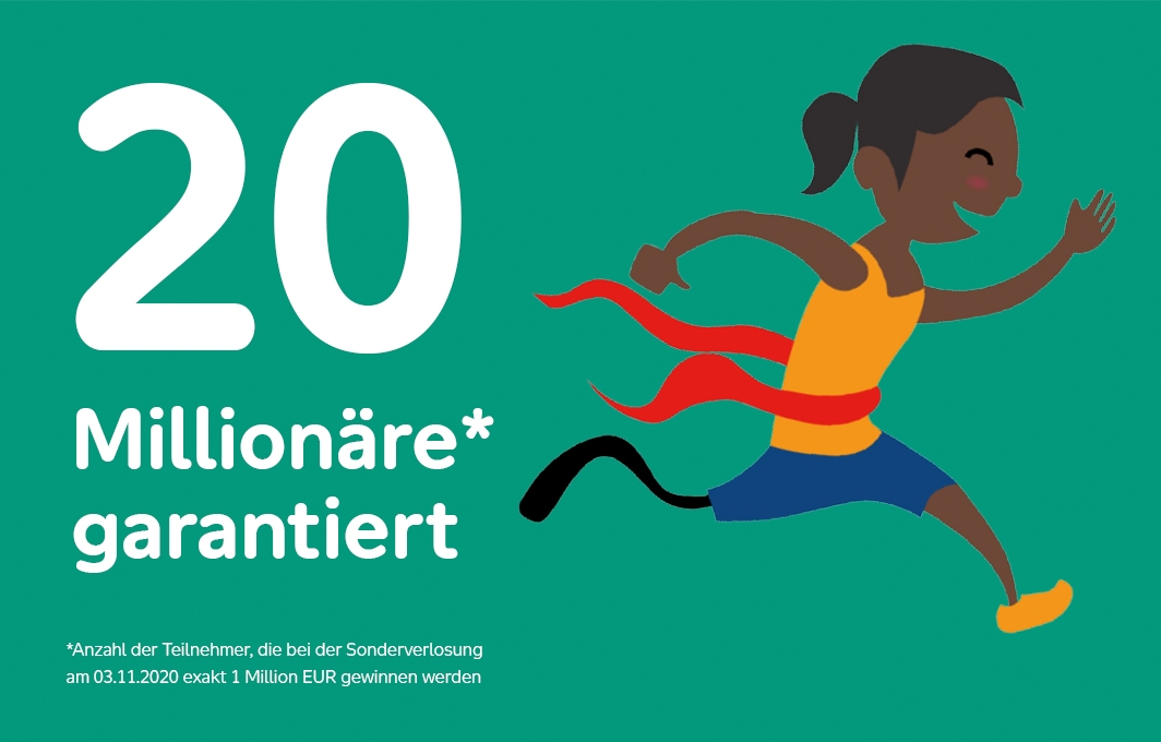 Illustration einer Läuferin mit Beinprothese, die gerade die Ziellinie überquert. Daneben steht: 20 Millionäre garantiert. 