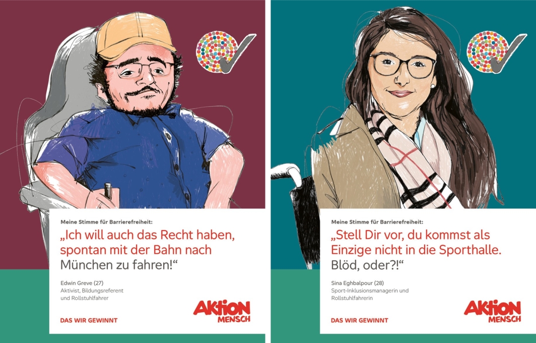 Ein Mann und eine Frau sitzen im Rollstuhl und geben ihre Stimme zum Thema Barrierefreiheit ab. Der Mann sagt: "Ich will auch das Recht haben, spontan mit der Bahn nach München zu fahren."