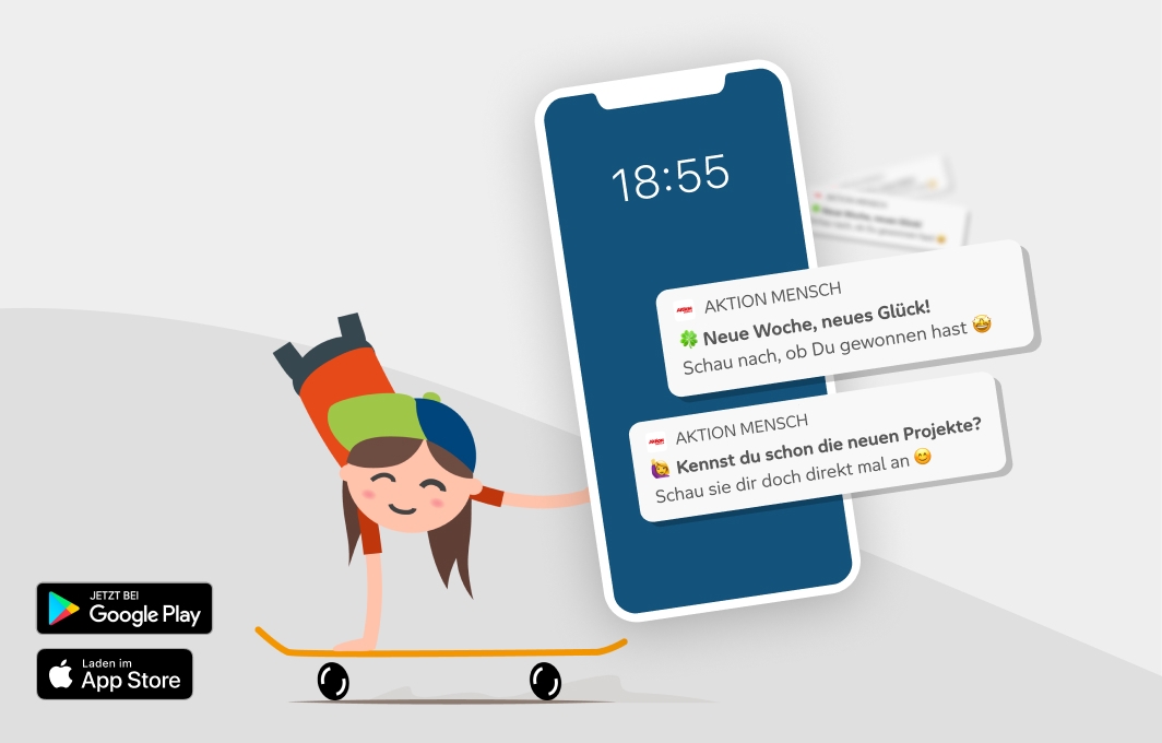 Illustration einer jungen Frau ohne Beine, die im Handstand Skateboard fährt. In der einen Hand hält sich ein Smartphone, auf dem die Aktion Mensch-App läuft.