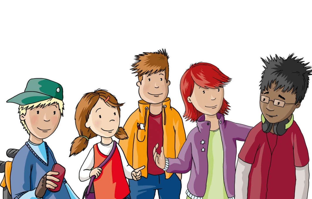 Illustration der Bunten Bande: zwei Mädchen und drei Jungs, einer davon sitzt im Rollstuhl.