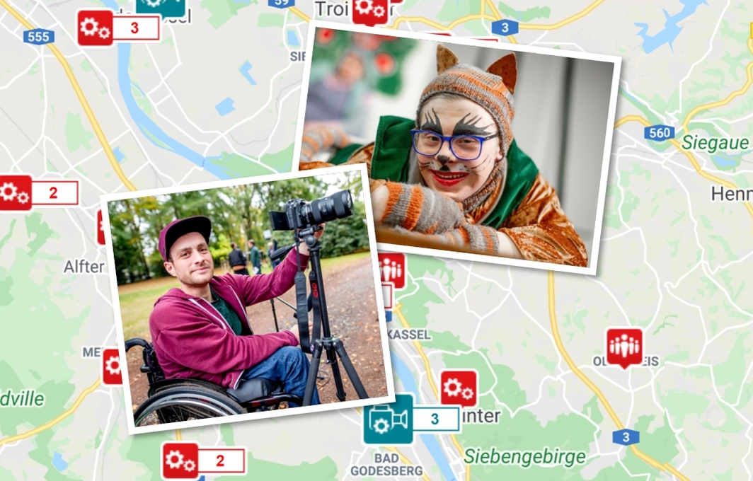 Eine Collage aus Bildern zeigt Menschen aus Förderprojekten. Im Hintergrund ist die Aktion Mensch-Karte zu sehen.