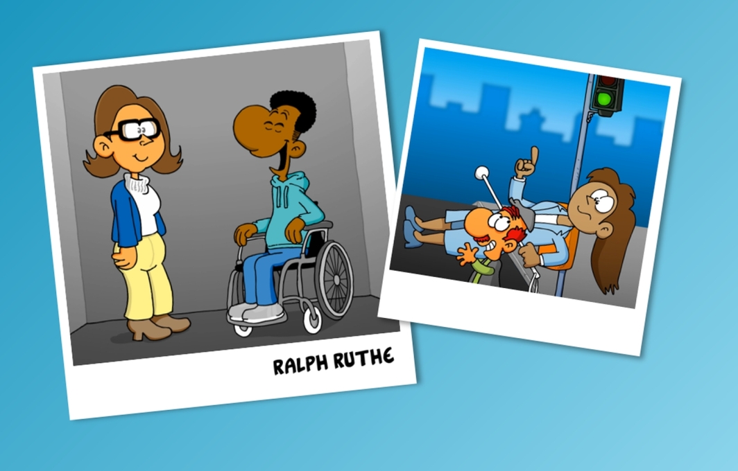 Bildcollage mit Cartoons von Ralph Ruthe. Zu sehen sind Menschen mit und ohne Behinderung, die sich begegnen.
