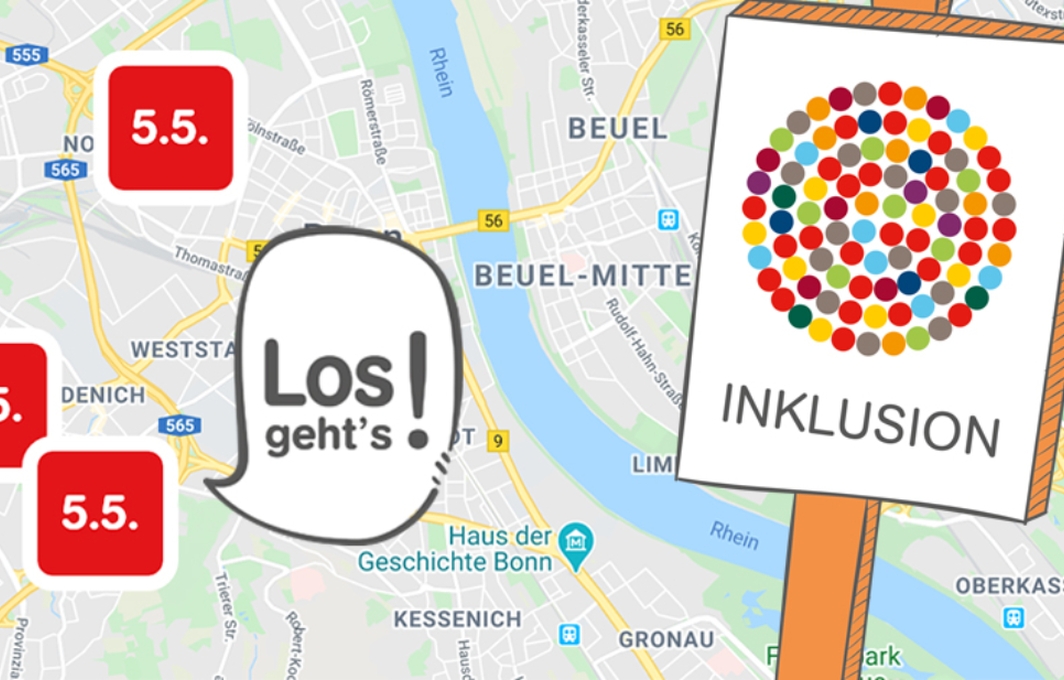 Ausschnitt einer Stadtkarte mit verschiedenen Ortsmarkierungen. Am Rand steht ein Schild mit vielen bunten Punkten und der Aufschrift: Inklusion.