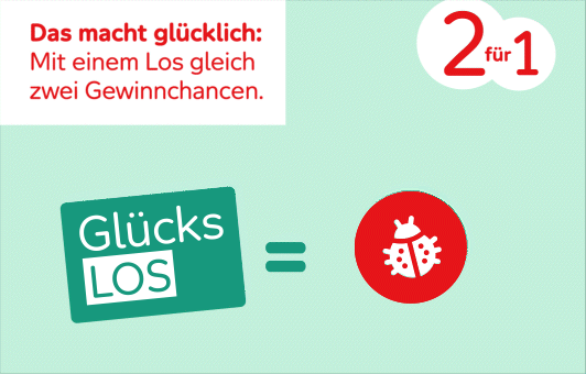 Verlinkte Illustration von einem Glücks-Los und zwei Marienkäfer-Symbolen. Daneben der Text: "2 für 1, das macht glücklich: Mit einem Los gleich zwei Gewinnchancen." Der Link führt zur Seite des Glücks-Loses.
