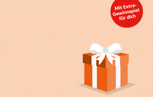 Ein orangenes Geschenk poppt auf und es fliegen Konfetti und Luftschlangen raus.