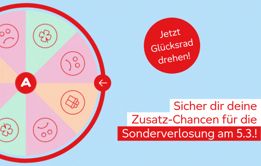 Ein Glücksrad mit drei Symbolen: "trauriger Smiley", "Kleeblatt" und "Geschenk".