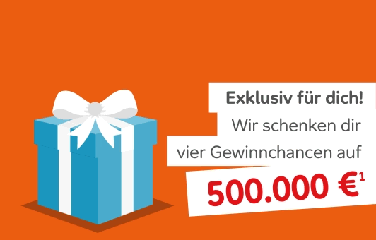 Ein Geschenk öffnet sich und heraus kommen 4 Gewinnchancen gratis auf 500.000 €