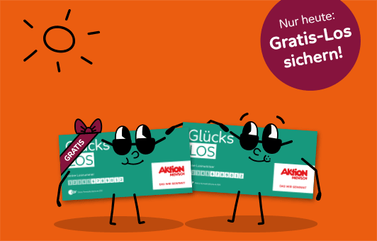 Zwei Glücks-Lose in menschlicher Gestalt tragen Sonnenbrillen und stehen unter Palmen.