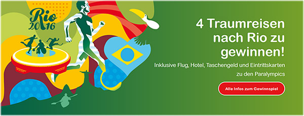 Bunte Grafik mit stilisierten brasilianischen und Sport-Motiven. Zu lesen ist: 4 Traumreisen nach Rio zu gewinnen! Inklusive Flug, Hotel, Taschengeld und Eintrittskarten zu den Paralympics. Alle Infos zum Gewinnspiel.