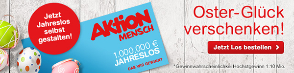 Jahreslos mit Ostereiern. Zu lesen ist: Jetzt Jahreslos selbst gestalten! Oster-Glück verschenken! Jetzt Los bestellen. Gewinnwahrscheinlichkeit Höchstgewinn 1:10 Mio.