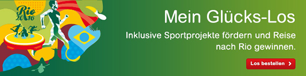 Bunte Grafik mit stilisierten brasilianischen und Sport-Motiven. Zu lesen ist: Mein Glücks-Los. Inklusive Sportprojekte fördern und Reise nach Rio gewinnen. Los bestellen