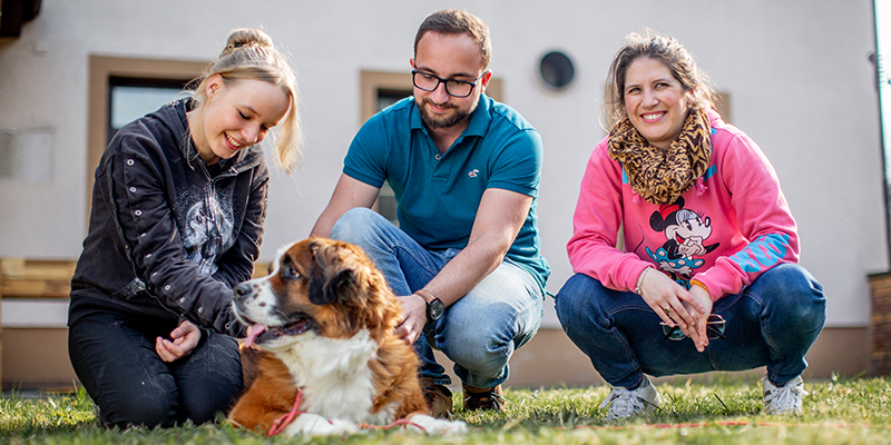 zwei junge Frauen und ein junger Mann hocken lächlnd auf einer Wiese, vor ihnen ein Hund, den sie streicheln.