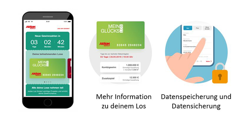 Das Bild zeigt ein grafisch gezeichnetes Mobiltelefon mit der Applikation der Aktion Mensch.