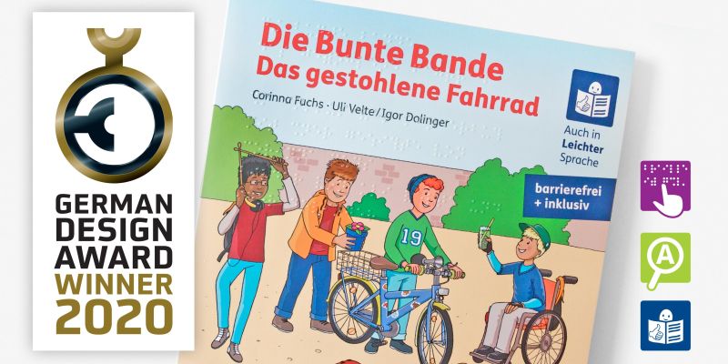 Das Titelbild des Bunte Bande-Buchs neben dem Signet des German Design Awards.