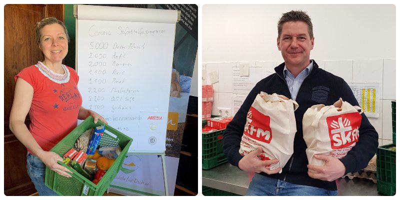 Eine Collage mit zwei Projektverantwortlichen von Lebensmittelhilfen, die von der Corona-Soforthilfe protifieren. Sie halten jeweils Lebensmittel in den Händen.
