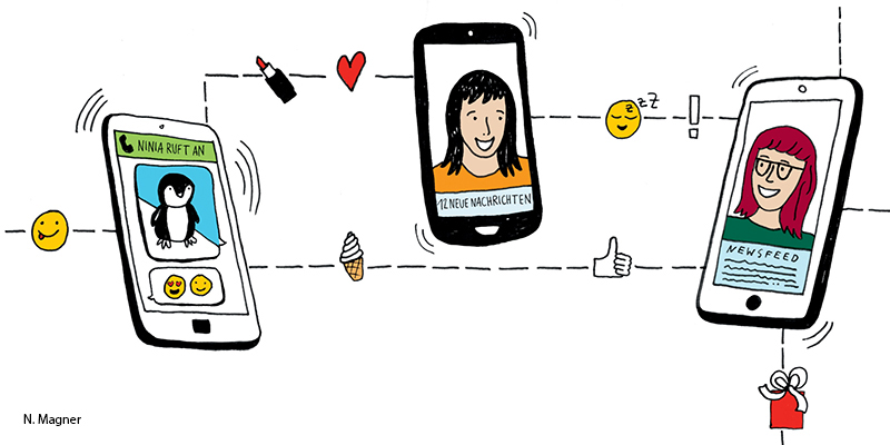 Drei gezeichnete Smartphones zwischen denen Emojis ausgetauscht werden