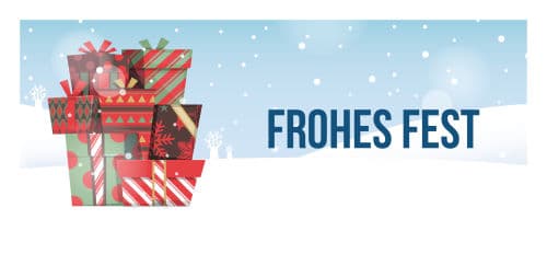 Bild mit Geschenkpackungen, Schriftzug Frohes Fest
