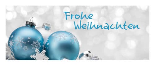 Grau blaue Kugeln, Schriftzug: Frohe Weihnachten