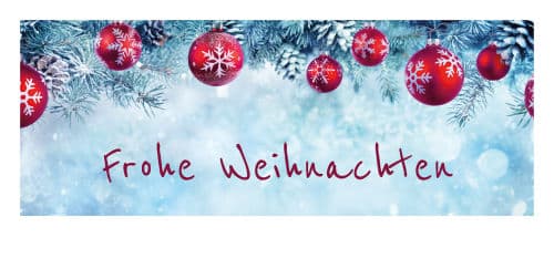 Rote Kugeln, Schriftzug: Frohe Weihnachten