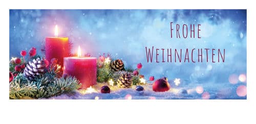 Rote Kerzen, Schriftzug: Frohe Weihnachten
