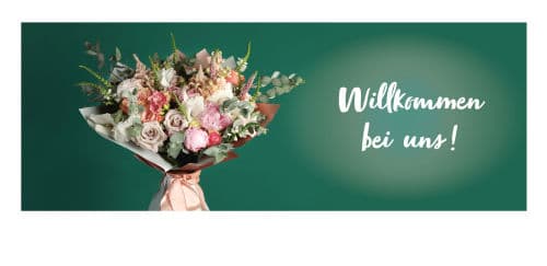 Willkomen bei uns! mit Blumenstrauß