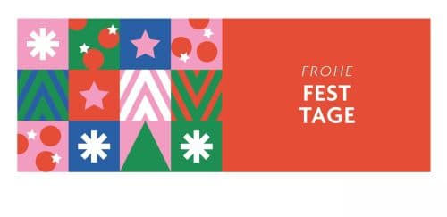 FROHE FESTTAGE auf rotem Hintergrund mit Kacheln