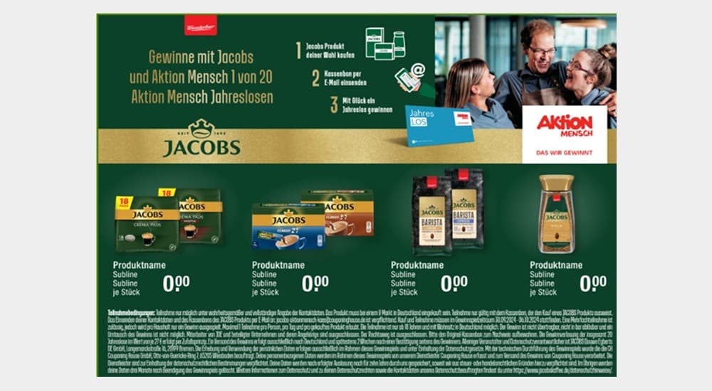 JDE Peet’s zeigt ein Werbebanner, auf dem gezeigt wird, wie Aktion Mensch Lose gewonnen werden können.
